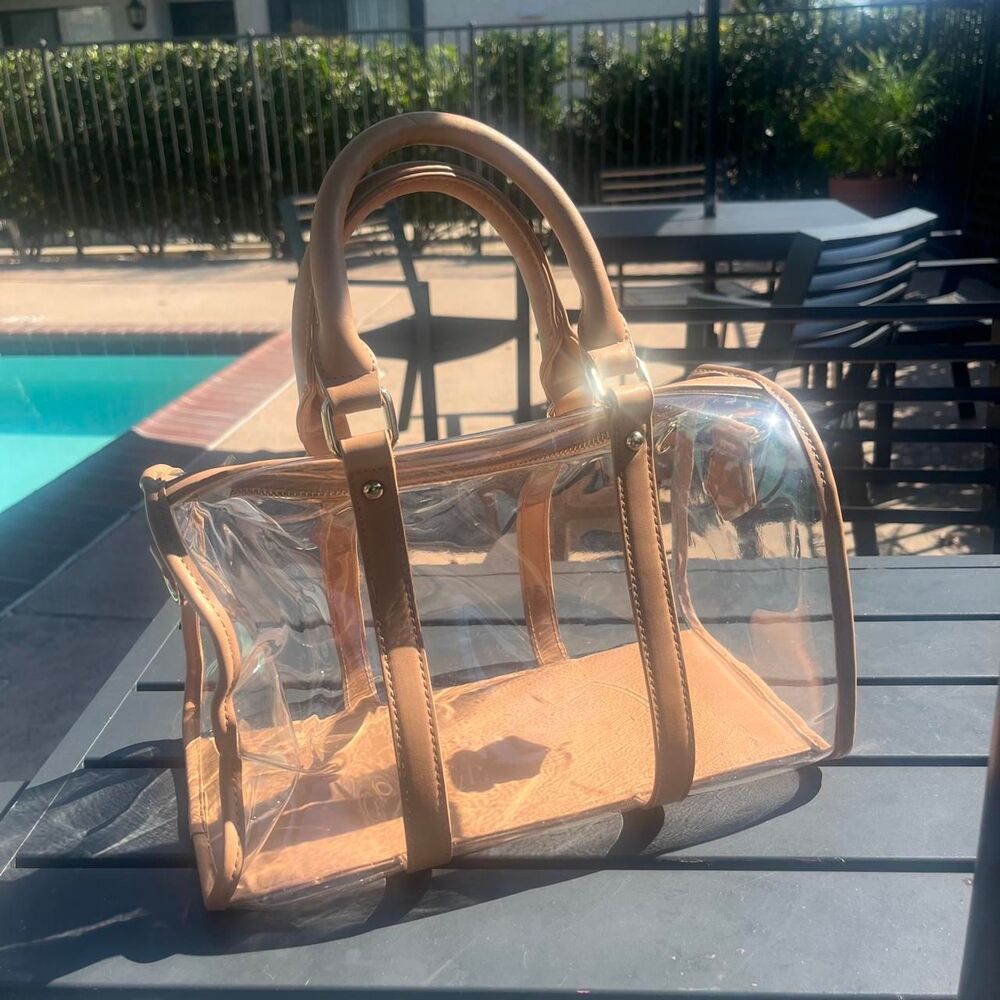 Clear Acrylic Tote Bag with Faux Leather Tan Trim